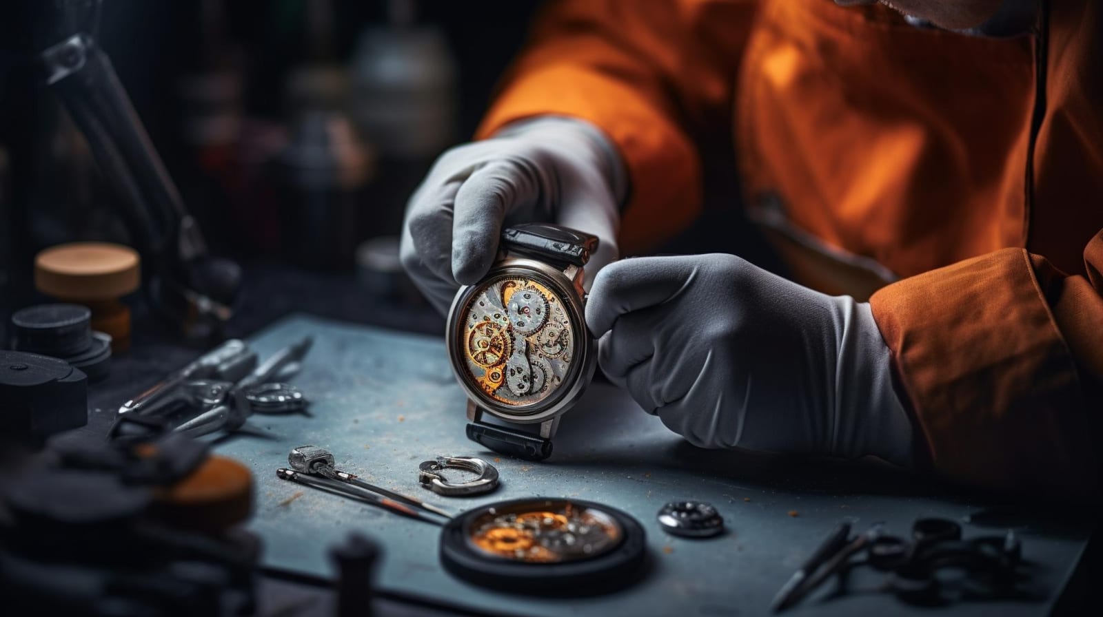 Banco da lavoro orologiaio con attrezzi di precisione allineati su un panno