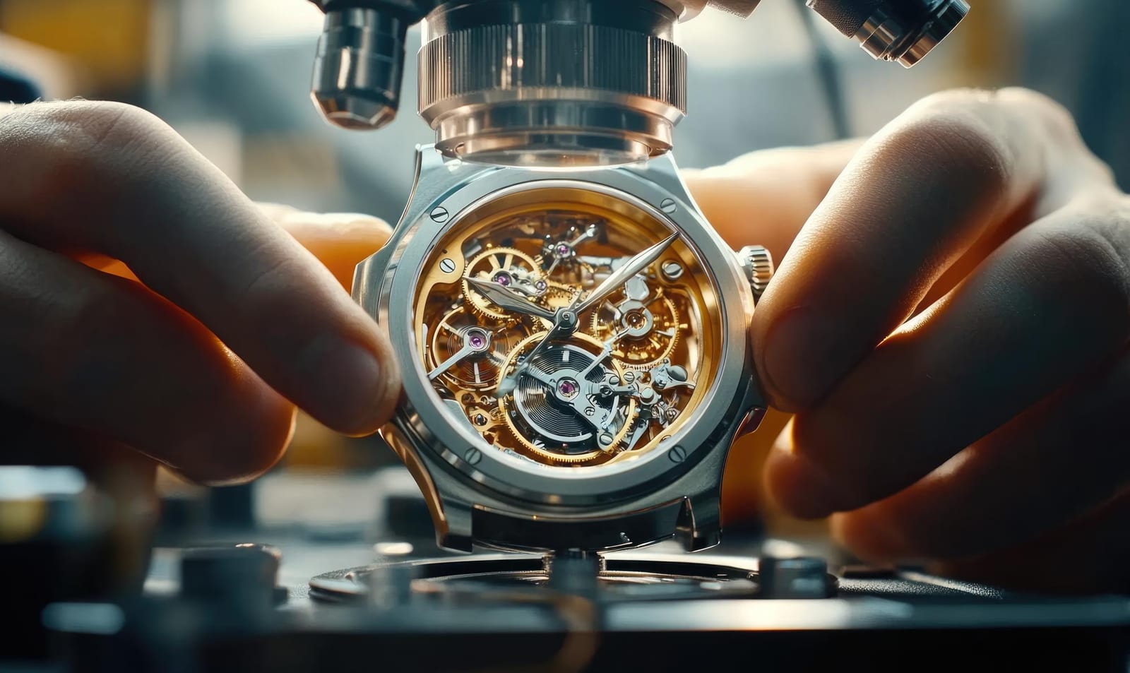 Attrezzi da orologiaio allineati su un panno da lavoro nel laboratorio